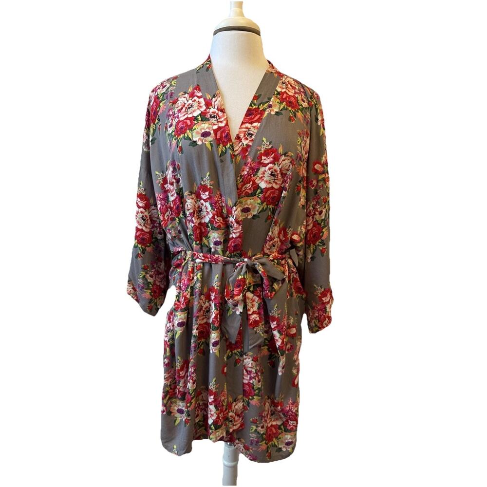 Kennedy Blue Pink Floral Kimono Short Robe Women's M Bridal Bloomcore Fairy Boho